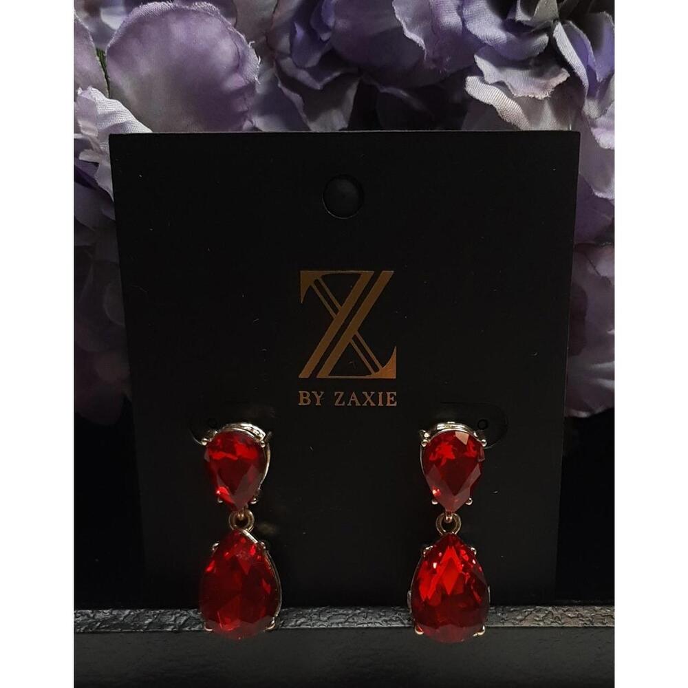 NEW Z by Zaxie Goldtone Drop Dangle Statement Earrings Red Stones